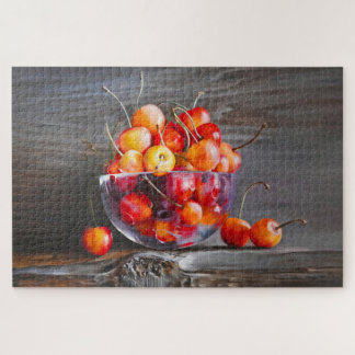 Puzzle Cherry Still Life in Glass Stretched Canvas Print