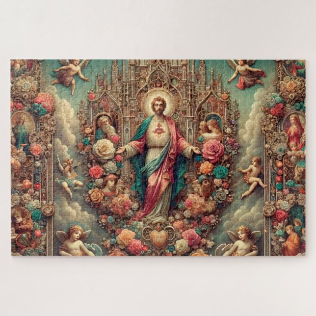 Puzzle Cherub Angels Jesus Floral Collage (Horizontal)