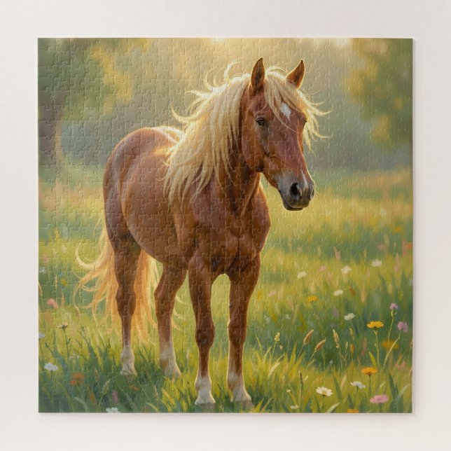 Puzzle Cheval à la crinière dorée Prairie de fleurs sauva (Vertical)