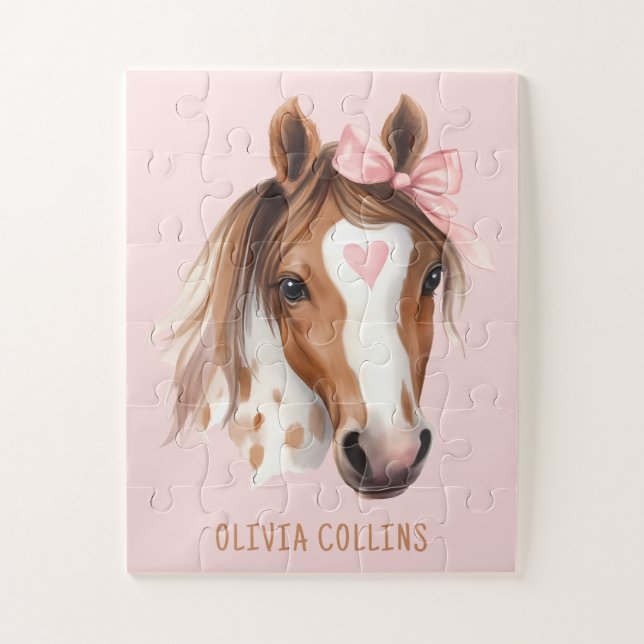 Puzzle Cheval à l'aquarelle Ruban Rose Filles Unique Mign (Vertical)