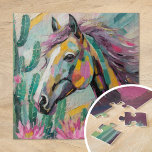 Puzzle Cheval Abstrait moderne et succulents<br><div class="desc">Un tableau abstrait moderne et vibrant représentant un cheval entouré de cactus et de succulents aux couleurs pastel douces. Le cheval est rendu avec des éclaboussures de couleur audacieuse, tandis que les plantes du désert sont peints avec un mélange de vert muet, de rose et de bleu. La fusion de...</div>