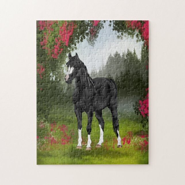 Puzzle Cheval arabe noir dans une prairie printanière (Vertical)