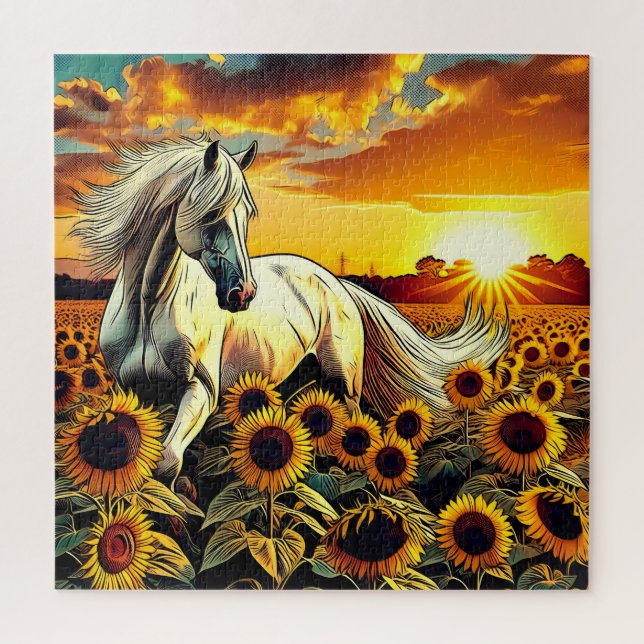 Puzzle Cheval blanc dans le champ des tournesols au couch (Vertical)