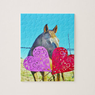 Puzzle Cheval blanc et Brown Valentine Coeurs