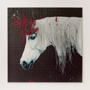 Puzzle Cheval Blanc Fleurs rouges