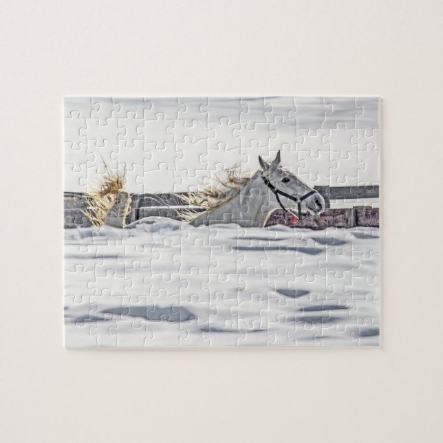 Puzzle Cheval Blanc Galopant Dans La Neige (Horizontal)