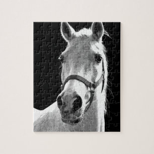 Puzzle Cheval blanc noir en gros plan dans la nuit