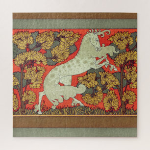 Puzzle CHEVAL BLANC RAMPANT, ARBRES EN BOIS Art Nouveau