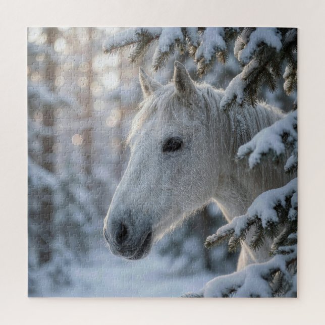 Puzzle Cheval blanc sous pin enneigé (Vertical)