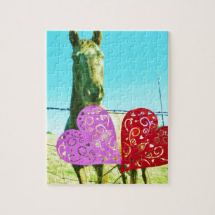 Puzzle Cheval blond et Coeurs rose et rouge