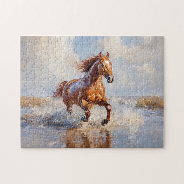 Puzzle Cheval Brown de châtaignier courant sur la plage (Horizontal)