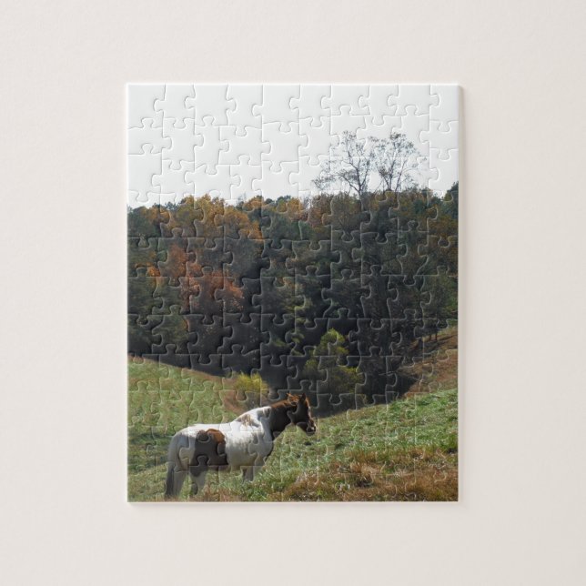 Puzzle Cheval Brown et blanc à l'étang d'automne (Vertical)