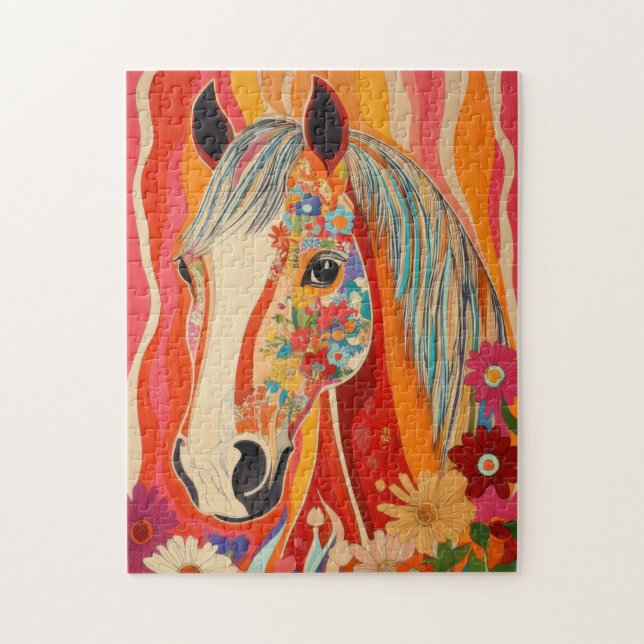 Puzzle Cheval d'alimentation en fleurs (Vertical)