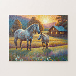 Puzzle Cheval dans la prairie de fleurs sauvages de la fe