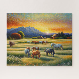 Puzzle Cheval dans la prairie de fleurs sauvages de la fe