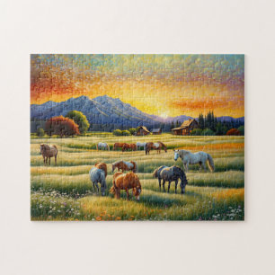 Puzzle Cheval dans la prairie de fleurs sauvages de la fe