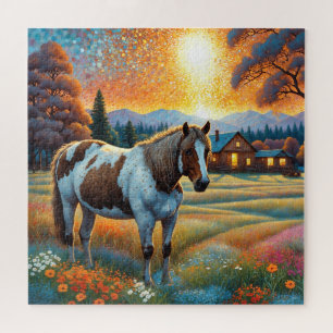 Puzzle Cheval dans la prairie de fleurs sauvages de la fe