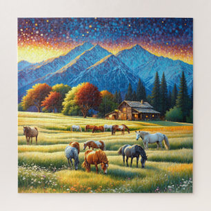 Puzzle Cheval dans la prairie de fleurs sauvages de la fe