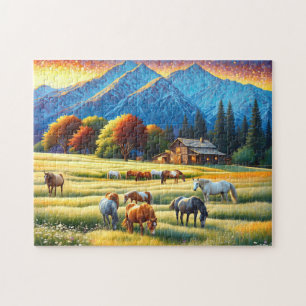Puzzle Cheval dans la prairie fleurie sauvage de la ferme