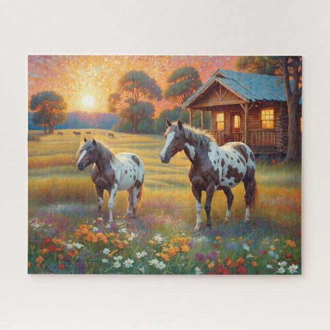 Puzzle Cheval dans prairie de fleurs sauvages de la ferme (Horizontal)