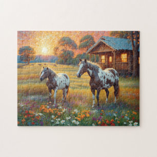 Puzzle Cheval dans prairie de fleurs sauvages de la ferme