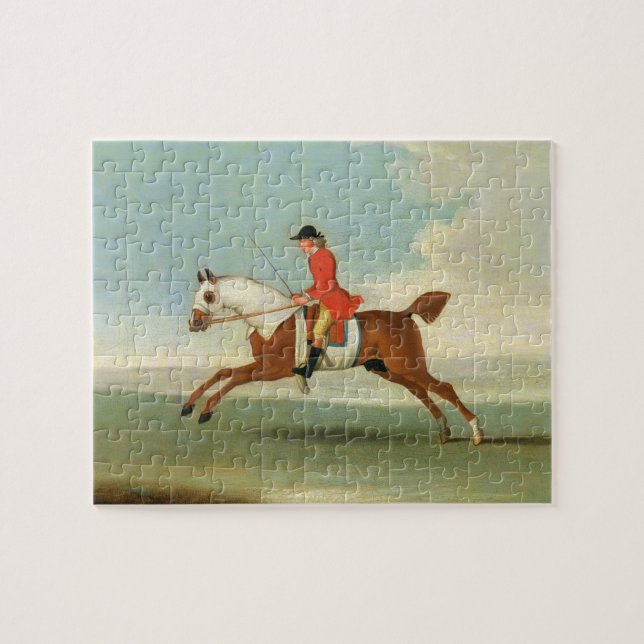 Puzzle Cheval de course galopant et jockey monté en rouge (Horizontal)