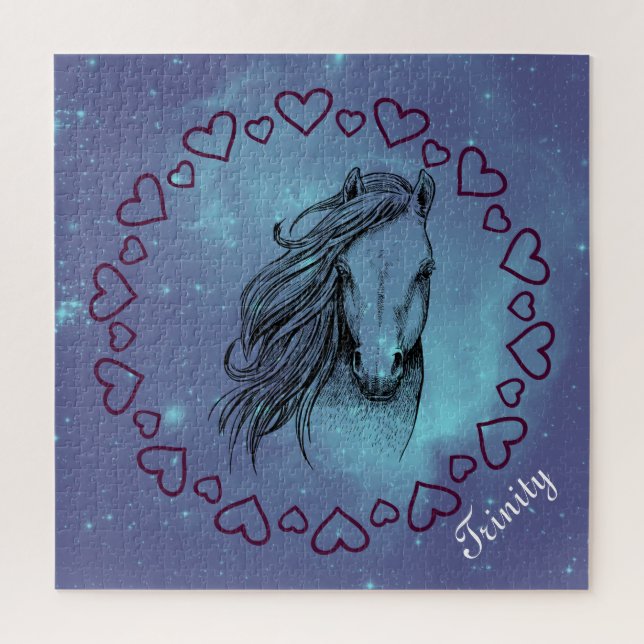 Puzzle Cheval et Coeurs Galaxy avec nom facultatif (Vertical)