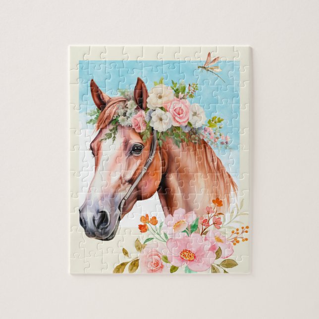Puzzle Cheval et Fleurs aquarelles (Vertical)