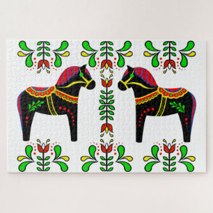 Puzzle Cheval folklorique norvégien et design floral/colo