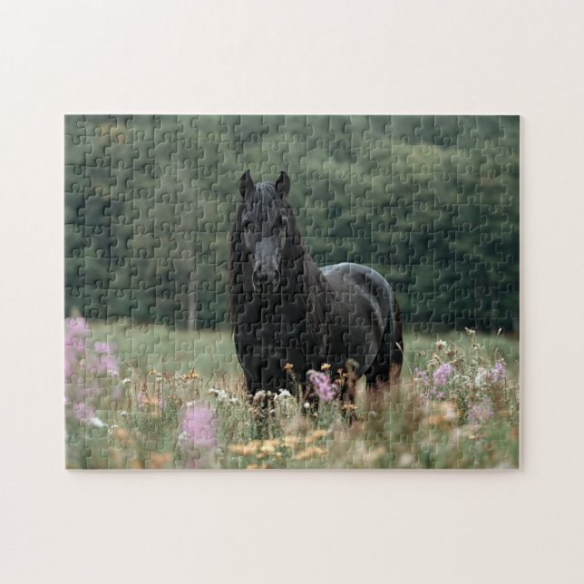 Puzzle Cheval friésien dans un champ Fleur sauvage (Horizontal)