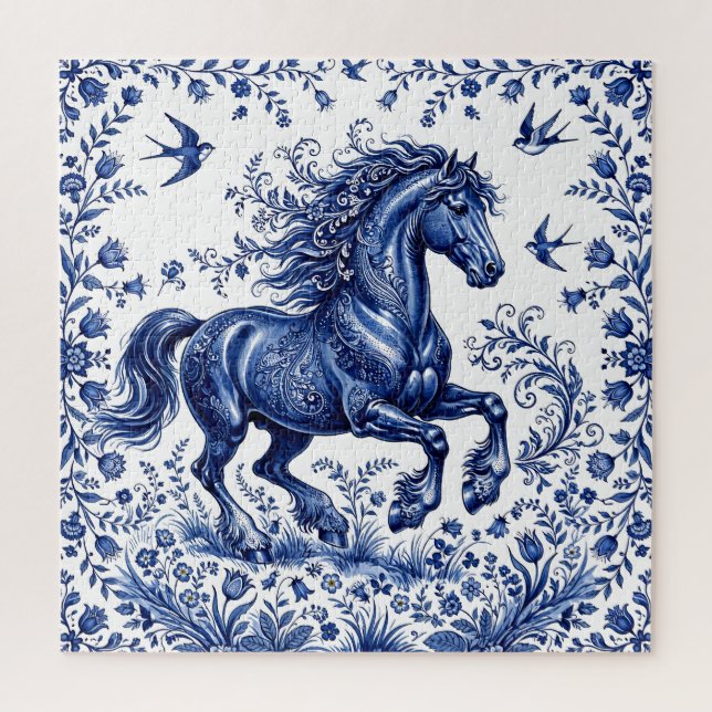 Puzzle Cheval frison de style Delft Delftware dans un pré (Vertical)