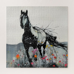 Puzzle Cheval noir en Fleur sauvage