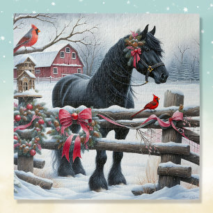 Puzzle Cheval Noir Festif et Noël Cardinal
