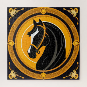 Puzzle Cheval noir sur fond jaune et or orné