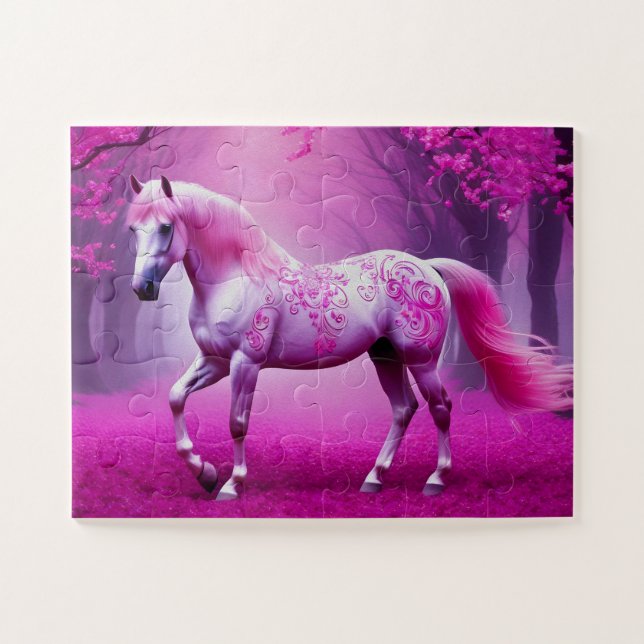 Puzzle Cheval rose mystique dans une forêt d'imaginaires (Horizontal)
