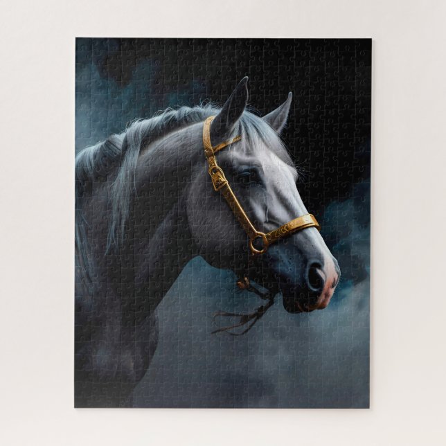 Puzzle Cheval sur fond noir avec teintes bleues (Vertical)