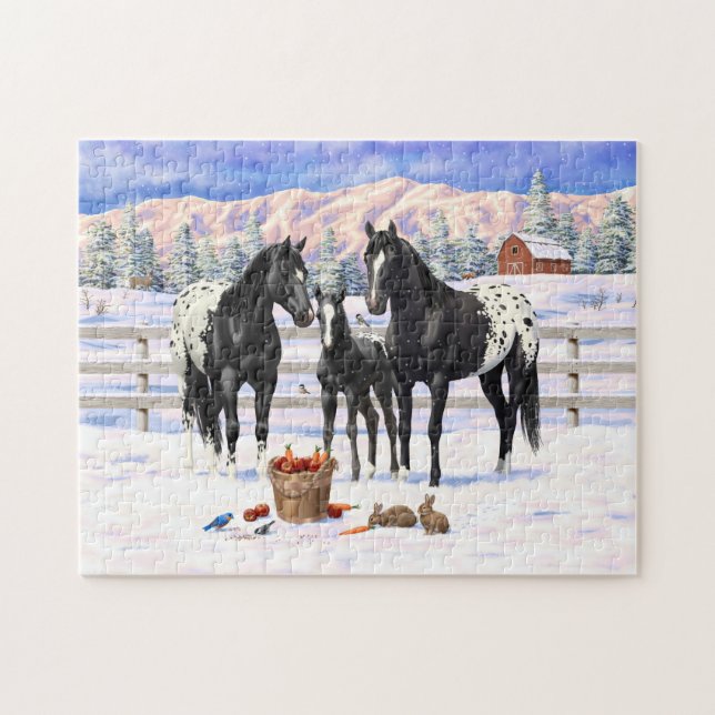 Puzzle Chevaux Appaloosa Noir Sur Une Ferme En Neige (Horizontal)