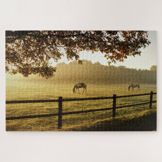 Puzzle Chevaux dans un champ un matin ensoleillé (Horizontal)