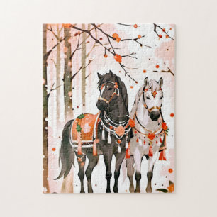 Puzzle Chevaux dans une forêt rouge