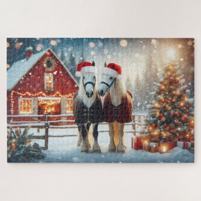 Puzzle Chevaux de Noël de Santa à la ferme (Horizontal)