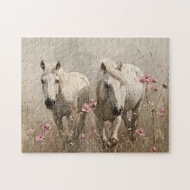 Puzzle Chevaux gris Fleurs roses Peinture à l'huile (Horizontal)