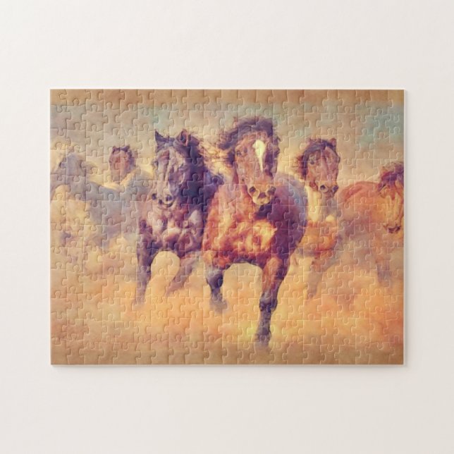 Puzzle Chevaux Mustang Sauvages Stampede Aquarelle Art (Horizontal)
