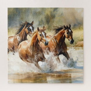 Puzzle Chevaux Sauvages Courant Brun Noir Aquarelle