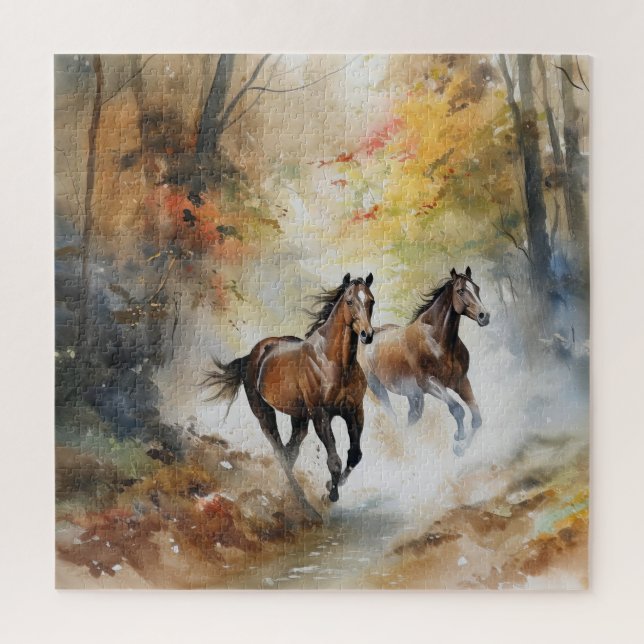 Puzzle Chevaux Sauvages Forêt en Aquarelle (Vertical)