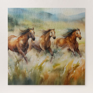 Puzzle Chevaux Sauvages Galopant dans des Champs Herbeux