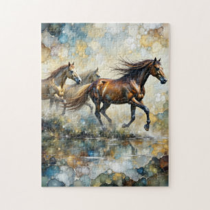 Puzzle Chevaux Sauvages Galopants Art à l'Encre Alcooliqu