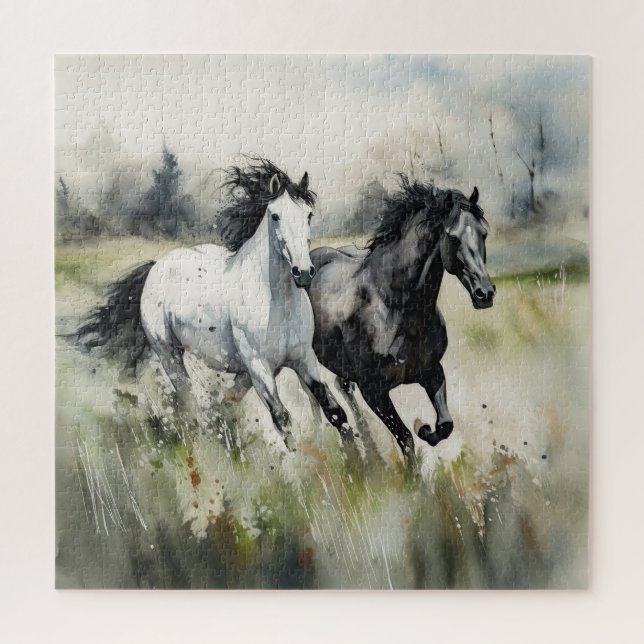 Puzzle Chevaux Sauvages Noirs Blancs Aquarelle (Vertical)