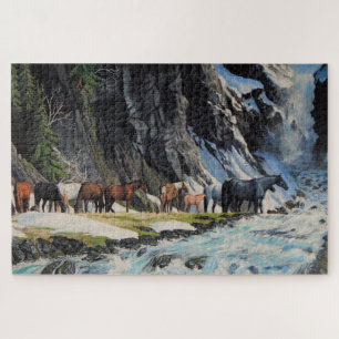 Puzzle Chevaux sauvages, poulains par rivière de montagne