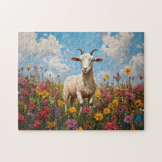 Puzzle Chèvre dans un champ Fleur sauvage peinture (Horizontal)