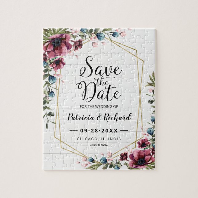Puzzle Chic Rustique Mariage Fleurs Bourgogne Enregistrer (Vertical)
